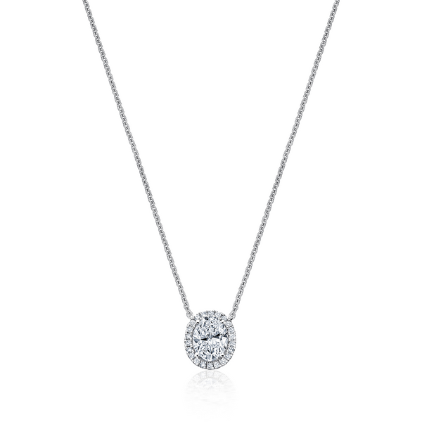 Oval Diamond Halo Necklace - Weißgold