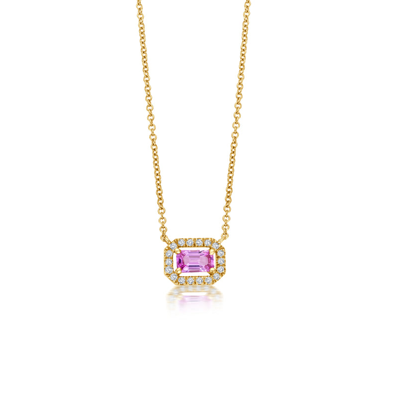 Pink Saphir Diamond Halo Halskette - Gelbgold