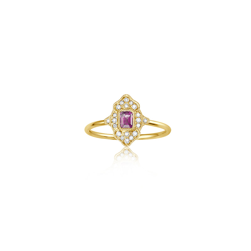 Art Deco Diamant Pink Saphir Ring - Gelbgold