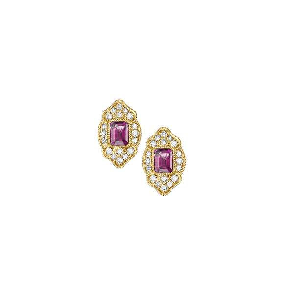 Art Deco Diamant Pink Saphir Ohrstecker - Gelbgold