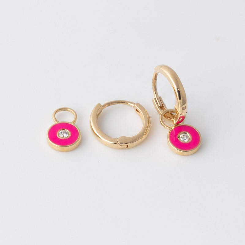 Emaille Diamant Plättchen Hoops - Pink - Gelbgold