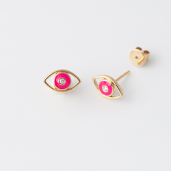 Emaille Evil Eye Diamant Ohrstecker - Pink - Gelbgold