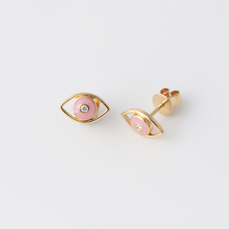 Emaille Evil Eye Diamant Ohrstecker - Rosa - Gelbgold