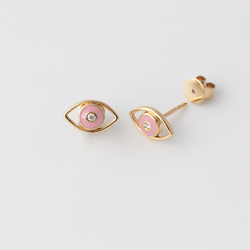 Emaille Evil Eye Diamant Ohrstecker - Rosa - Gelbgold