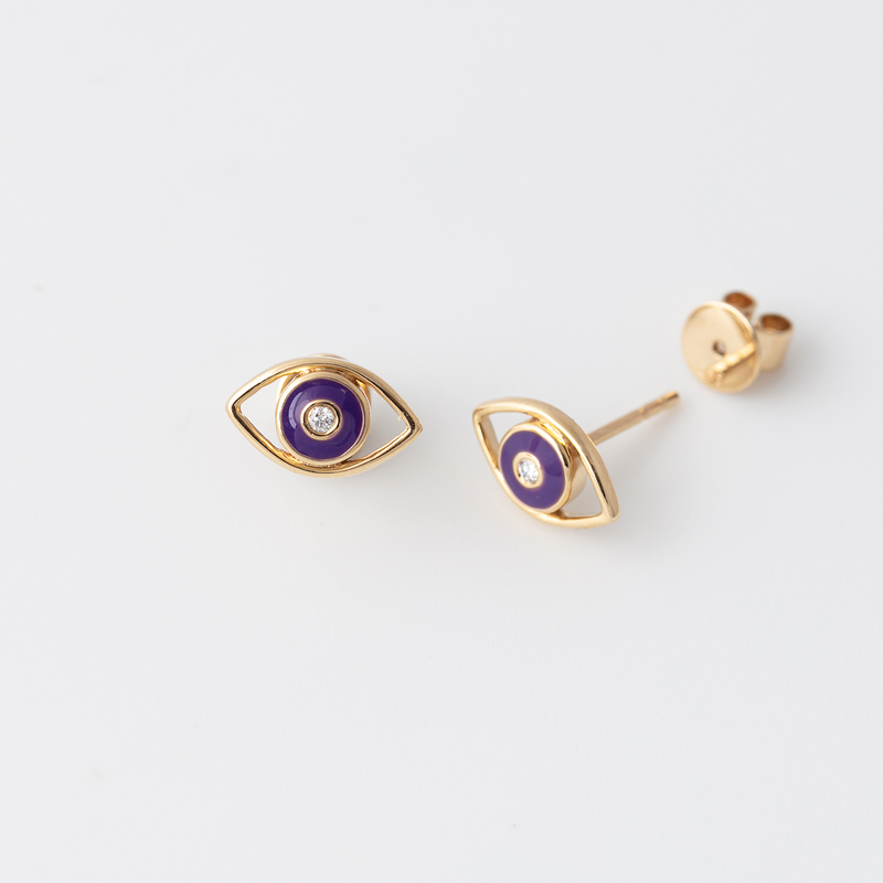 Emaille Evil Eye Diamant Ohrstecker - Lila - Gelbgold