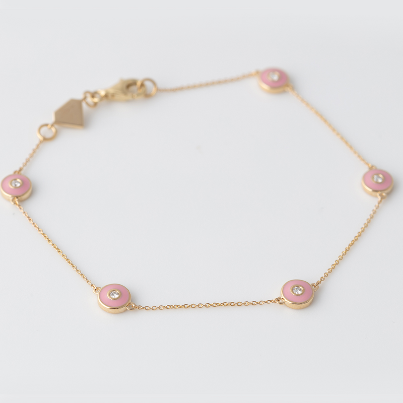 Emaille Diamant Plättchen Armband - Rosa - Gelbgold