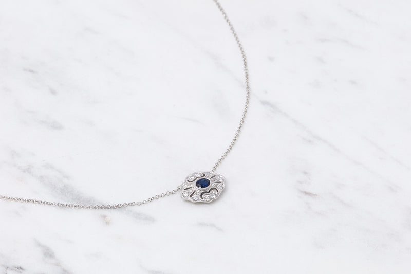 Art Deco Diamant Saphir Halskette - Weißgold