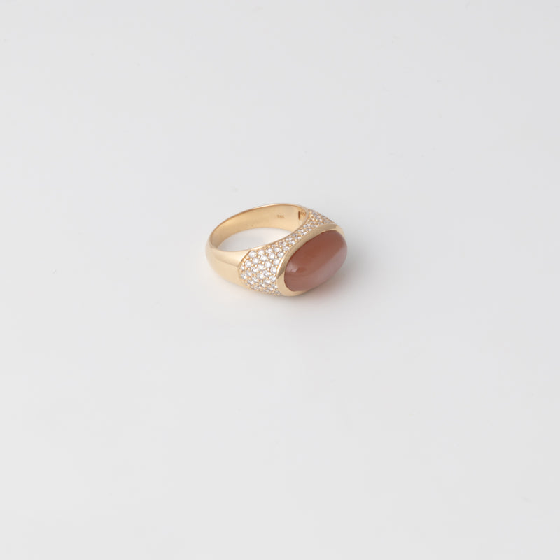 Diamant Mondstein Cabochon Ring - Orange - Gelbgold