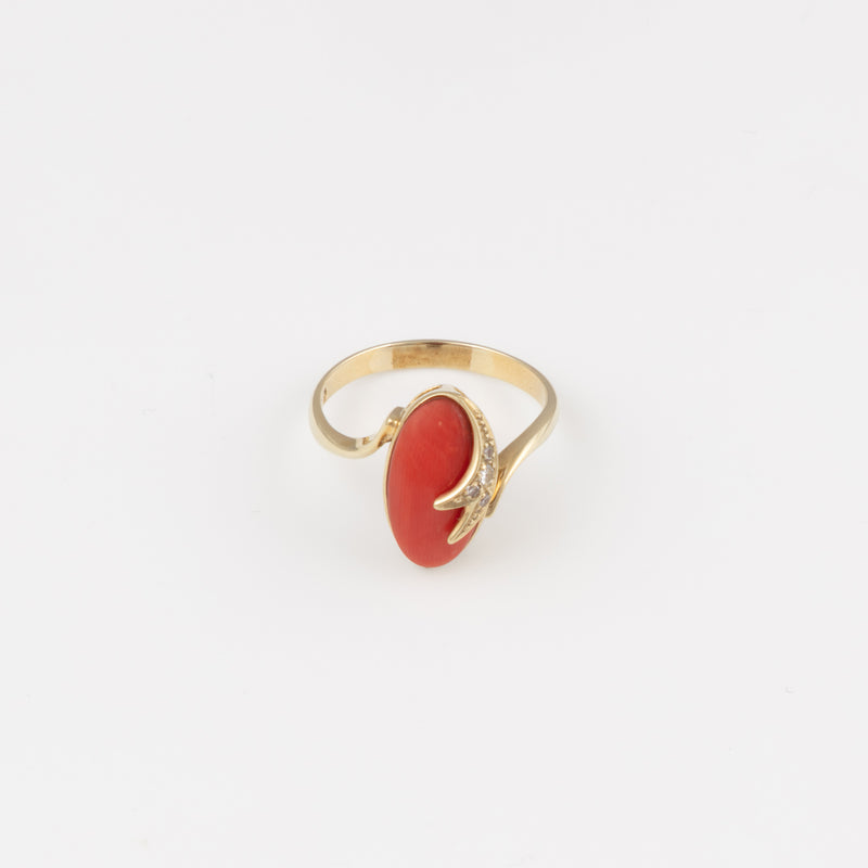 Vintage Oval Koralle Brillant Ring - Gelbgold